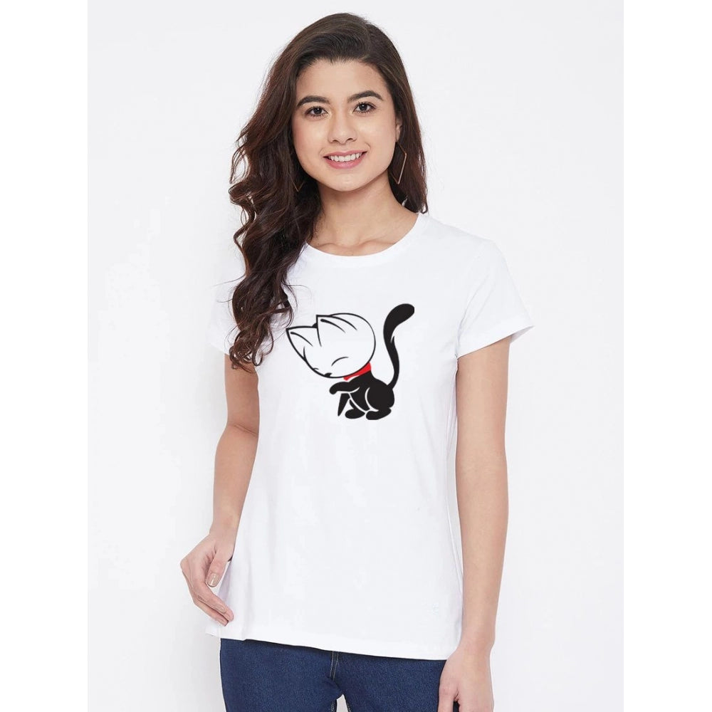 Roneclick Women's Cotton Blend Cat Printed T-Shirt (White)