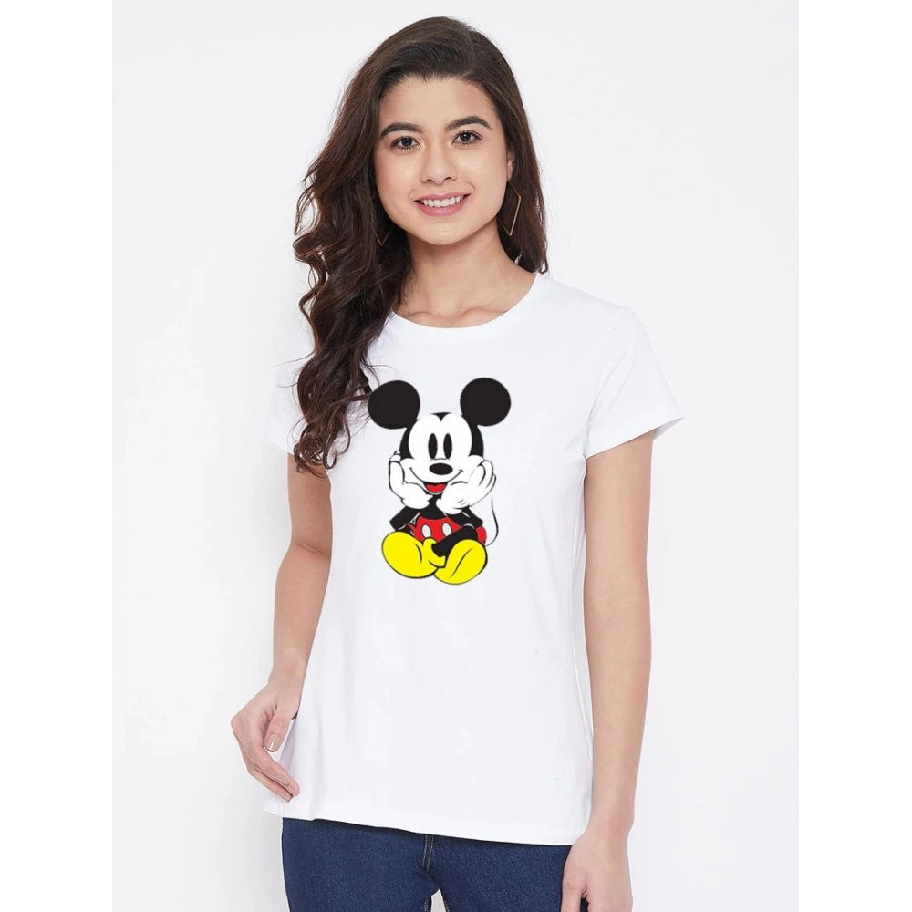 Roneclick Women's Cotton Blend Mickey Mouse Printed T-Shirt (White)