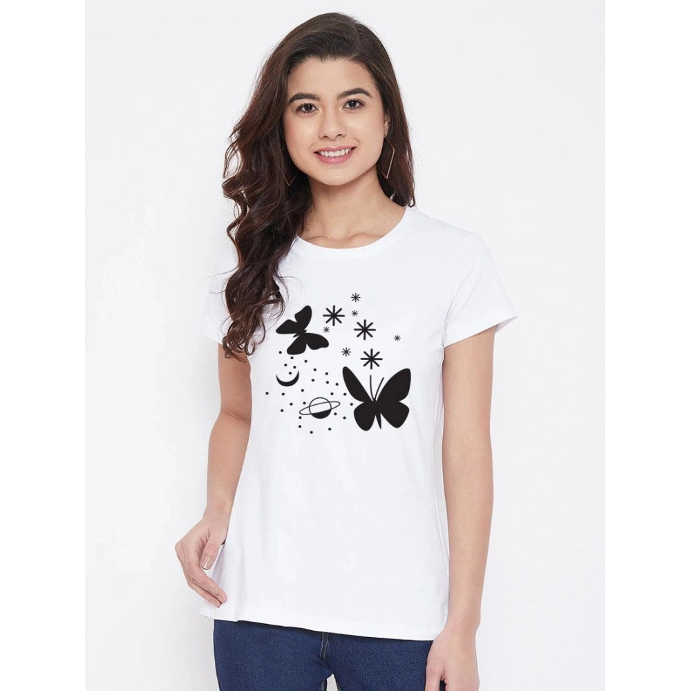 Roneclick Women's Cotton Blend Butterfly With Star Printed T-Shirt (White)