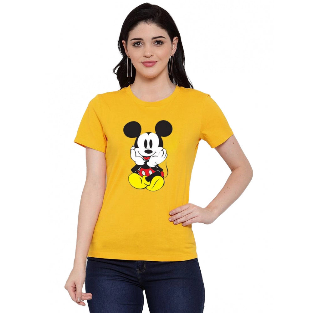 Roneclick Women's Cotton Blend Mickey Mouse Printed T-Shirt (Yellow)