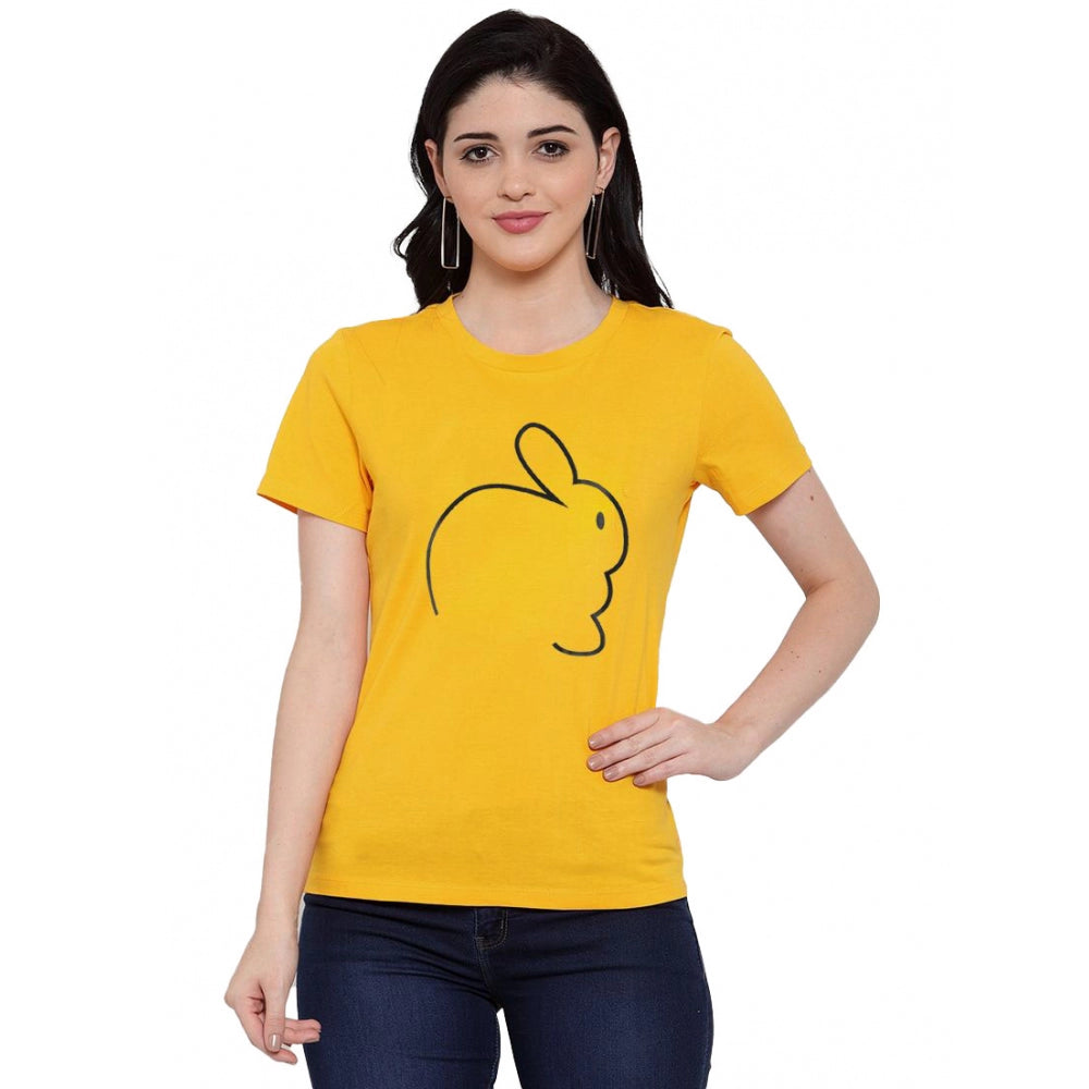 Roneclick Women's Cotton Blend Rabbit Line Art Printed T-Shirt (Yellow)