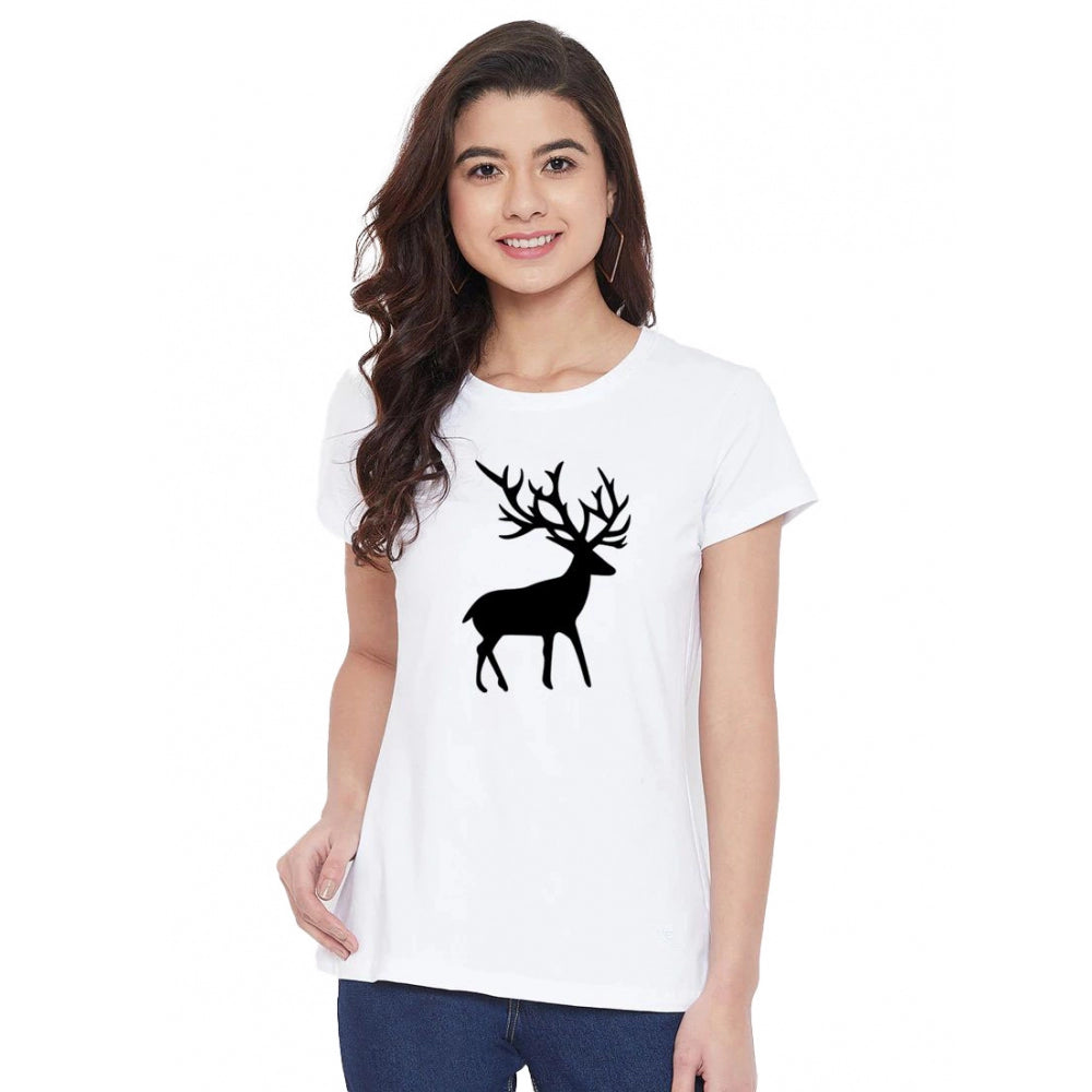 Roneclick Women's Cotton Blend Deer Printed T-Shirt (White)