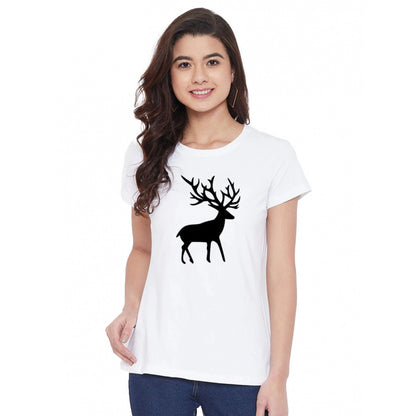 Roneclick Women's Cotton Blend Deer Printed T-Shirt (White)