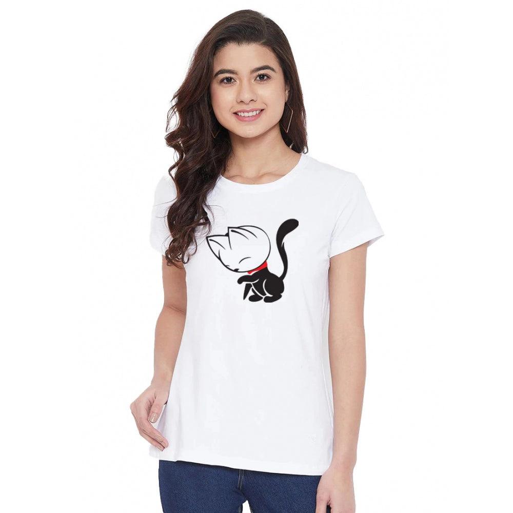 Roneclick Women's Cotton Blend Cat Printed T-Shirt (White)