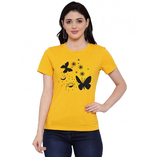 Roneclick Women's Cotton Blend Butterfly With Star Printed T-Shirt (Yellow)