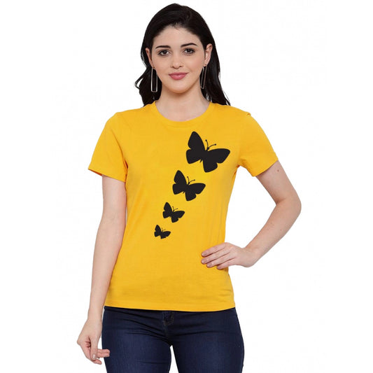 Roneclick Women's Cotton Blend Butterflies Printed T-Shirt (Yellow)