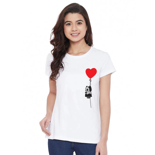 Roneclick Women's Cotton Blend Panda With Heart Balloon Printed T-Shirt (White)