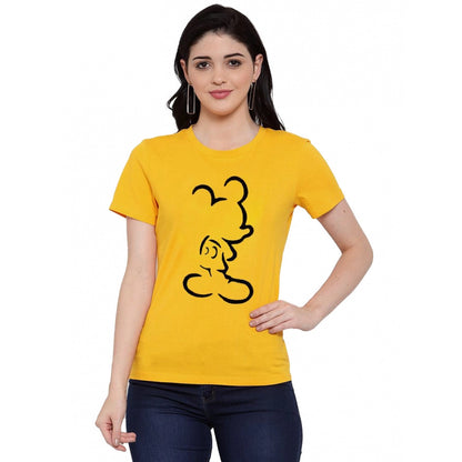 Roneclick Women's Cotton Blend Mickey Mouse Line Art Printed T-Shirt (Yellow)