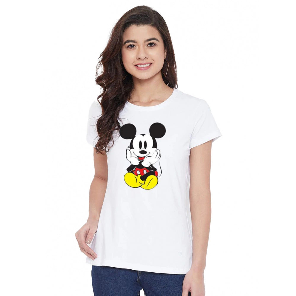 Roneclick Women's Cotton Blend Mickey Mouse Printed T-Shirt (White)