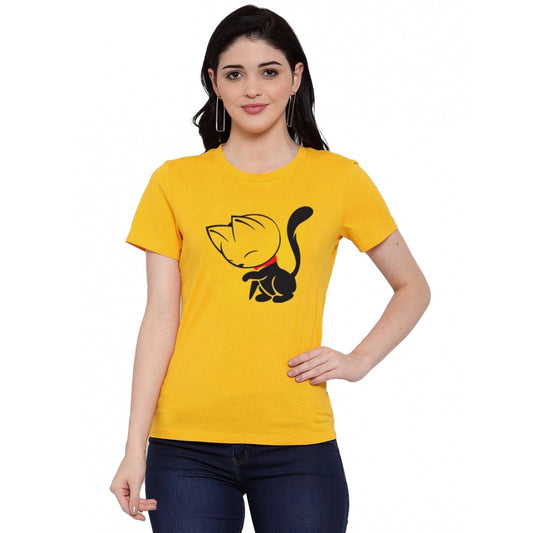 Roneclick Women's Cotton Blend Cat Printed T-Shirt (Yellow)