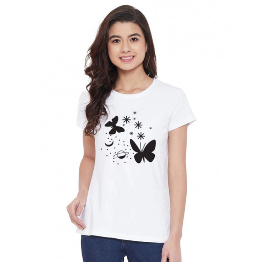 Roneclick Women's Cotton Blend Butterfly With Star Printed T-Shirt (White)