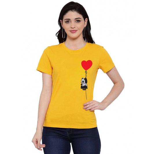 Roneclick Women's Cotton Blend Panda With Heart Balloon Printed T-Shirt (Yellow)