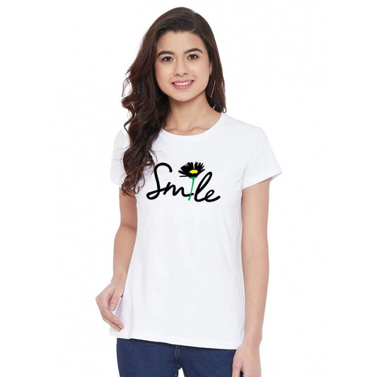 Roneclick Women's Cotton Blend Smile With Flower Printed T-Shirt (White)