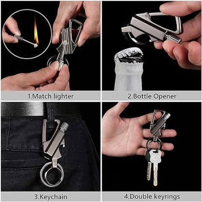 Roneclick 3 In 1 Keychain Lighter Waterproof Cigarette Flint Lighter Keyring Bottle Opener Fire Starter Match Sticks (Silver)