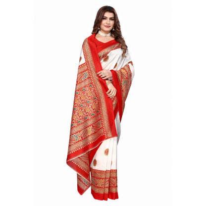 Roneclick Women's Art Silk Printed Saree With Unstitched Blouse (Red, 5-6 Mtrs)