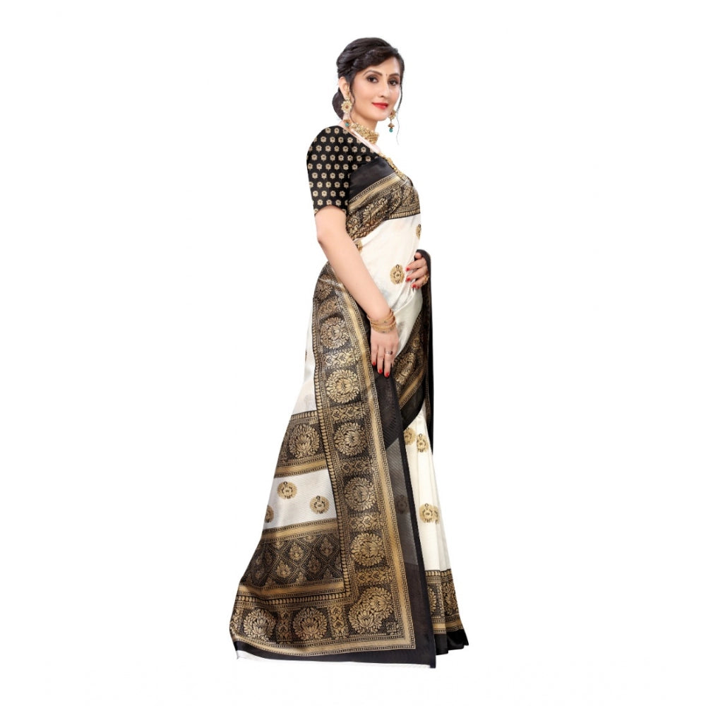 Roneclick Women's Art Silk Printed Saree With Unstitched Blouse (Black, 5-6 Mtrs)