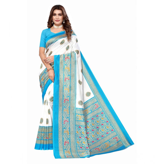 Roneclick Women's Art Silk Printed Saree With Unstitched Blouse (Blue, 5-6 Mtrs)