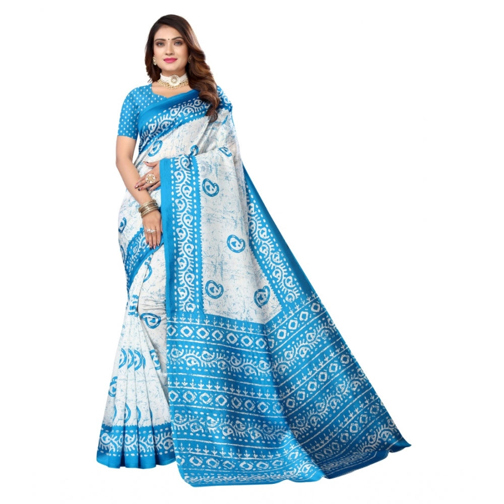 Roneclick Women's Art Silk Printed Saree With Unstitched Blouse (Blue, 5-6 Mtrs)