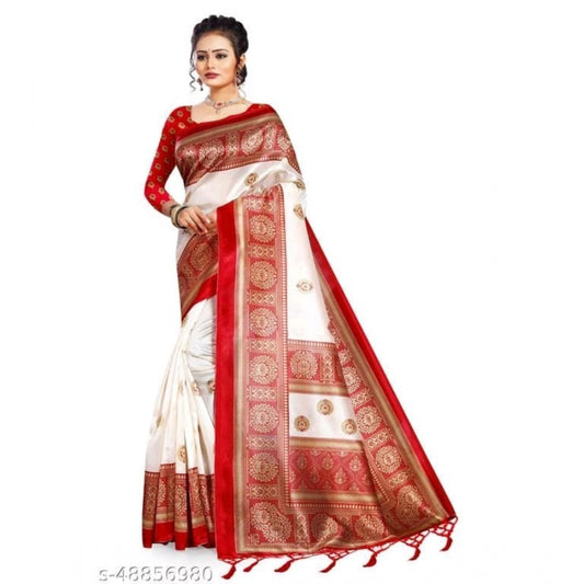 Roneclick Women's Art Silk Printed Saree With Unstitched Blouse (Red, 5-6 Mtrs)