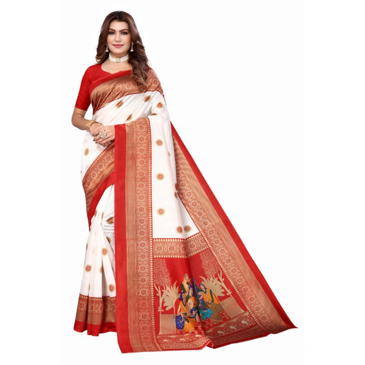 Roneclick Women's Art Silk Printed Saree With Unstitched Blouse (Red, 5-6 Mtrs)