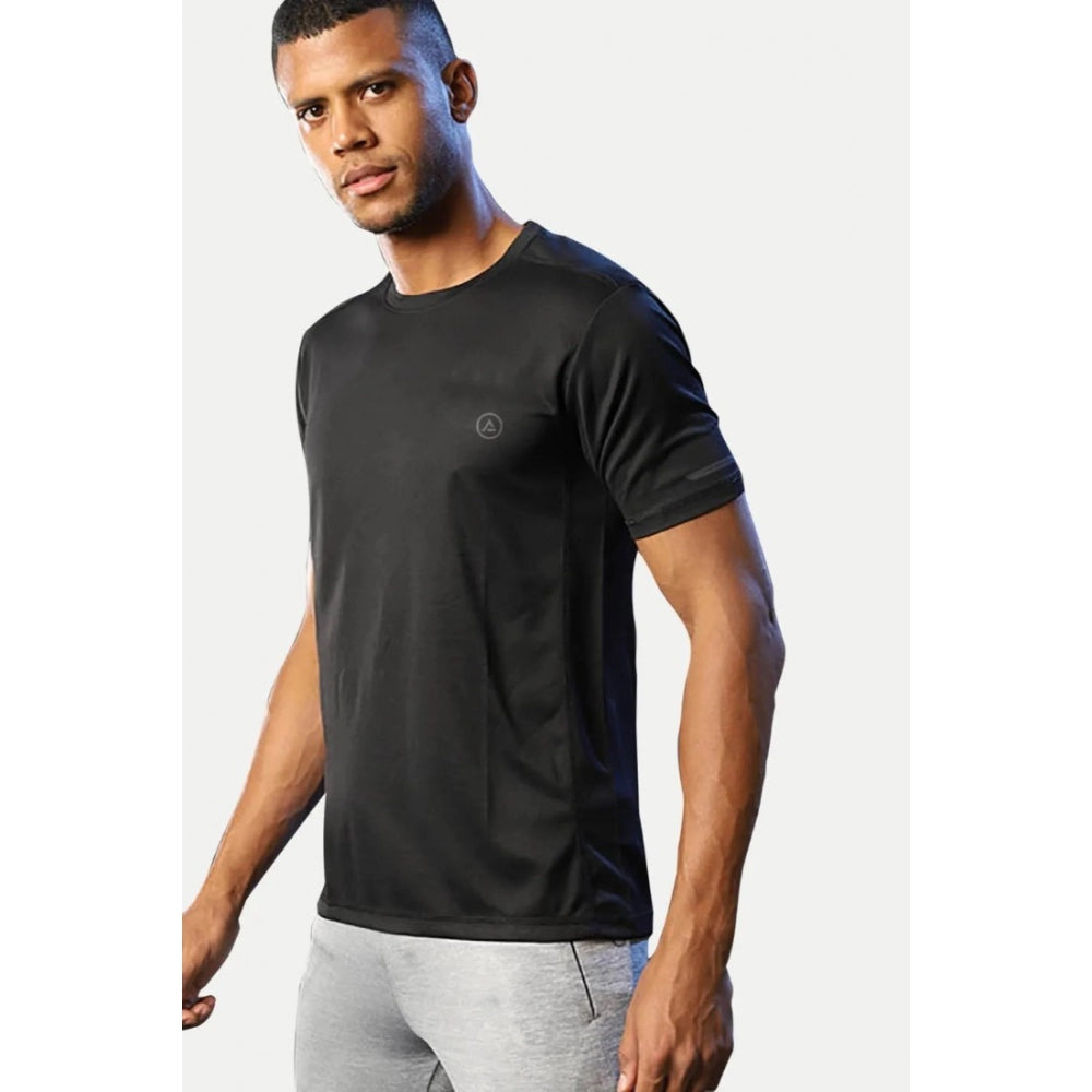 Roneclick Men's Casual Half sleeve Solid Polyester Crew Neck T-shirt (Black)