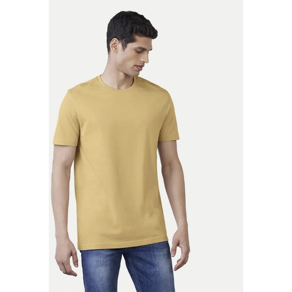 Roneclick Men's Casual Half sleeve Solid Polyester Crew Neck T-shirt (Sand)