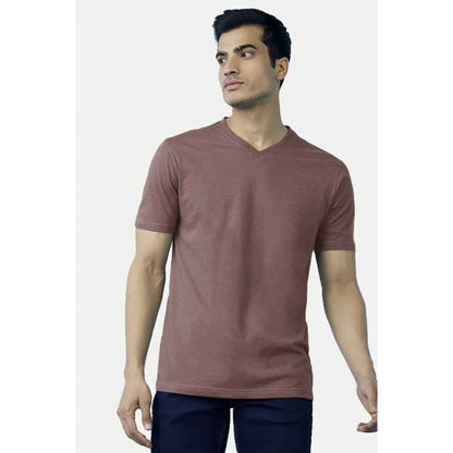 Roneclick Men's Casual Half sleeve Solid Cotton V Neck T-shirt (Light Brown)