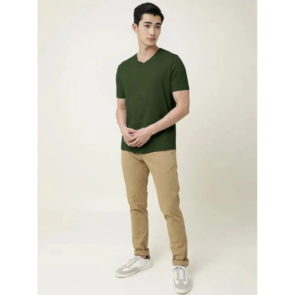 Roneclick Men's Casual Half sleeve Solid Cotton V Neck T-shirt (Olive)