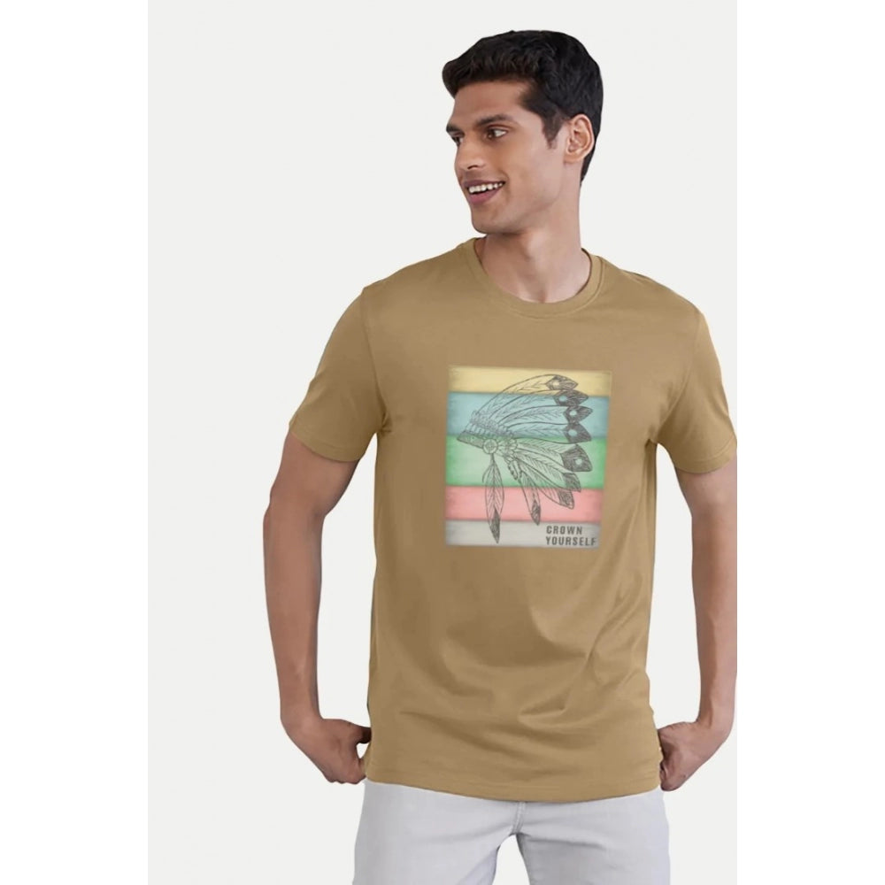 Roneclick Men's Casual Half sleeve Digital Printed Cotton Crew Neck T-shirt (Sand)