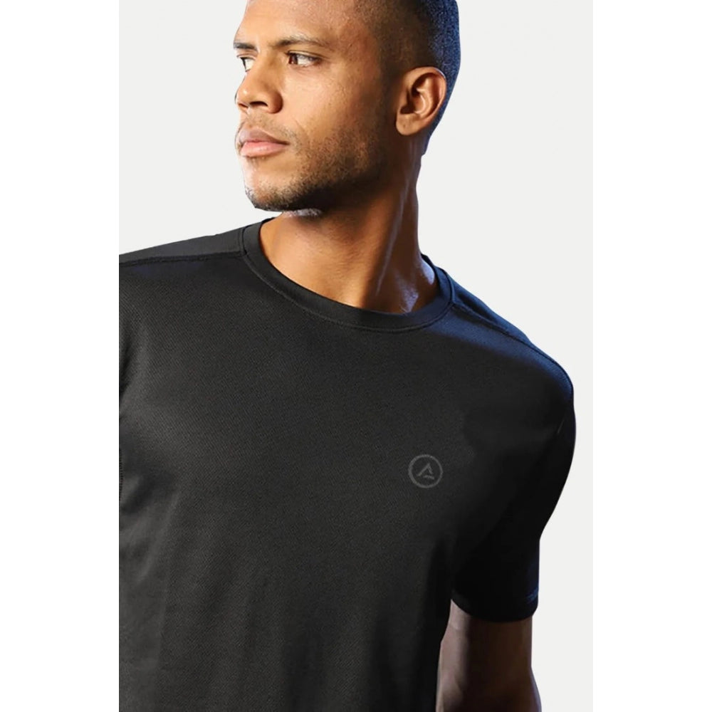 Roneclick Men's Casual Half sleeve Solid Polyester Crew Neck T-shirt (Black)