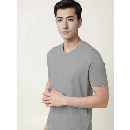 Roneclick Men's Casual Half sleeve Solid Cotton V Neck T-shirt (Grey Melange)