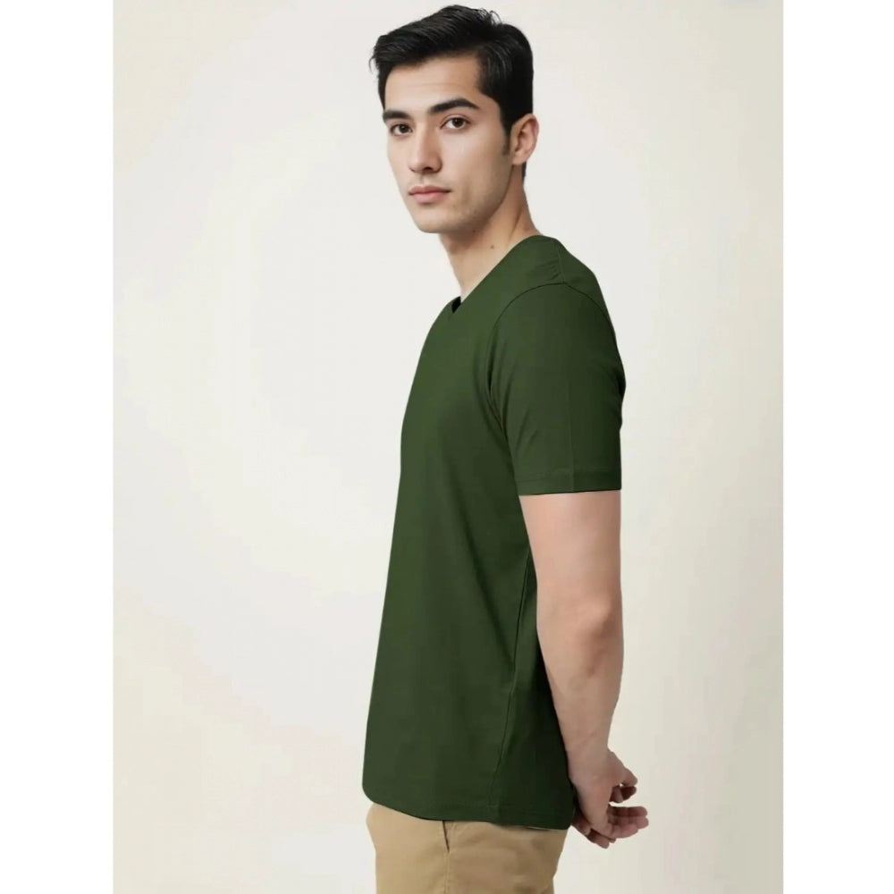 Roneclick Men's Casual Half sleeve Solid Cotton V Neck T-shirt (Olive)