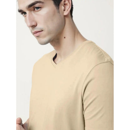 Roneclick Men's Casual Half sleeve Solid Cotton V Neck T-shirt (Beige)