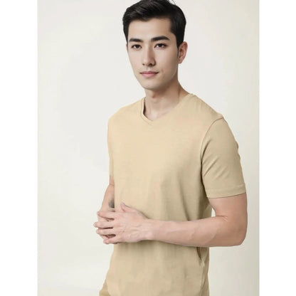 Roneclick Men's Casual Half sleeve Solid Cotton V Neck T-shirt (Beige)