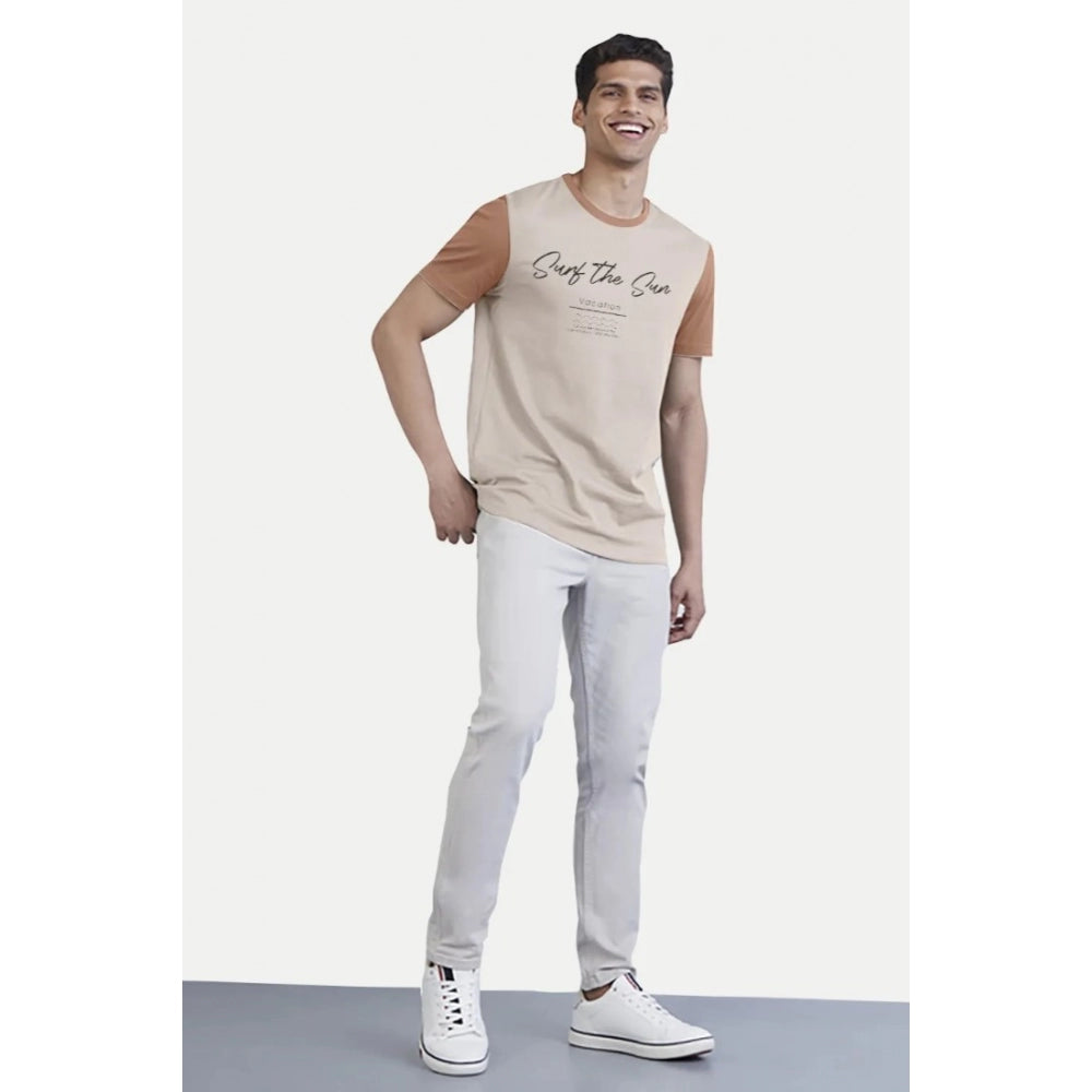 Roneclick Men's Casual Half sleeve Printed Cotton Crew Neck T-shirt (Cream)