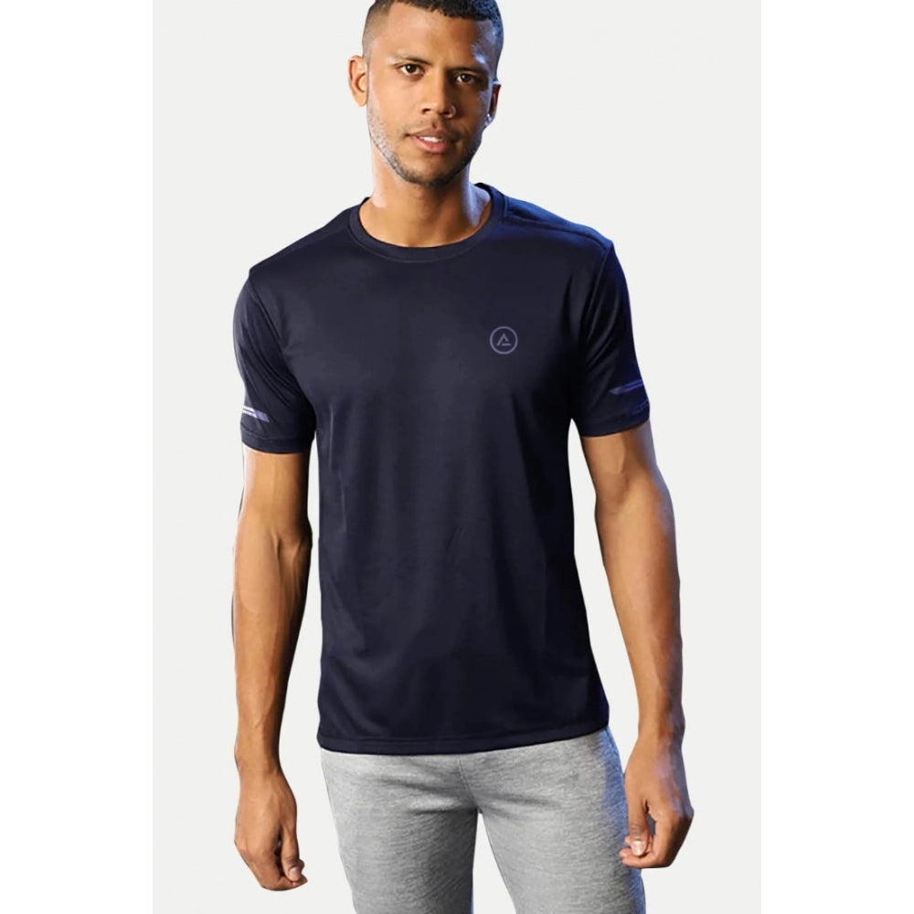 Roneclick Men's Casual Half sleeve Solid Polyester Crew Neck T-shirt (Navy)