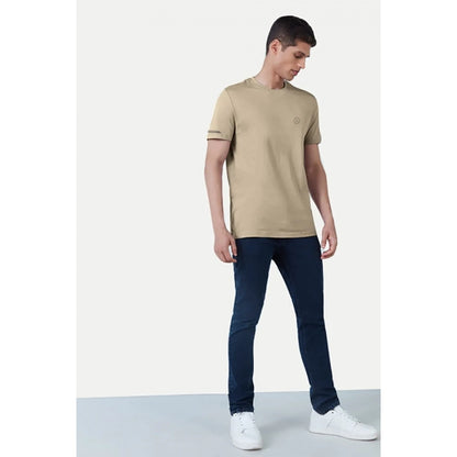 Roneclick Men's Casual Half sleeve Solid Polyester Crew Neck T-shirt (Beige)