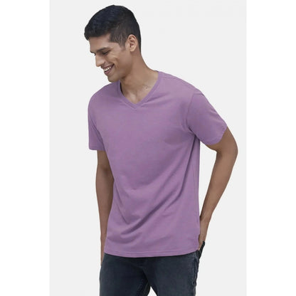 Roneclick Men's Casual Half sleeve Solid Cotton V Neck T-shirt (Lilac)