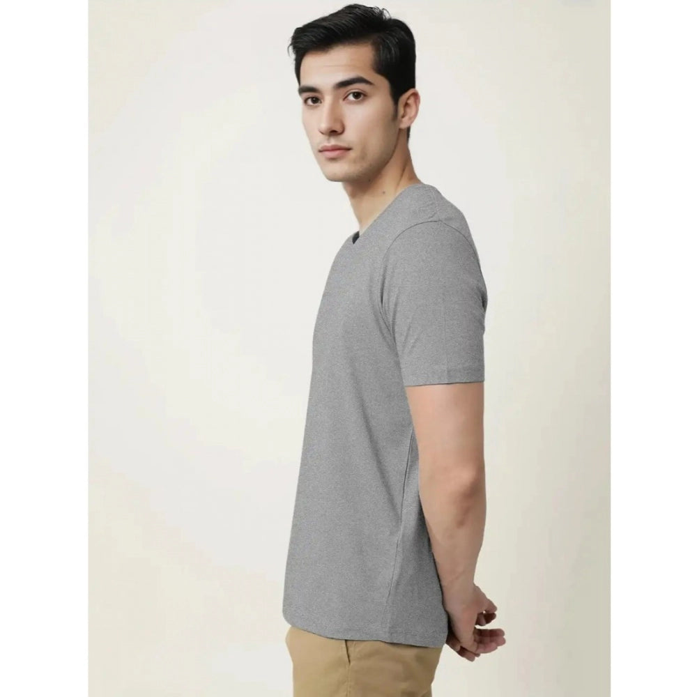 Roneclick Men's Casual Half sleeve Solid Cotton V Neck T-shirt (Grey Melange)