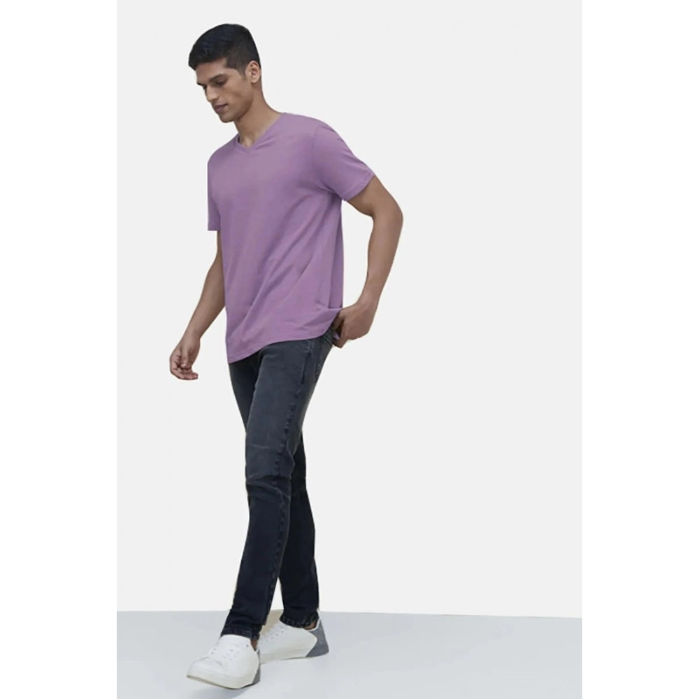 Roneclick Men's Casual Half sleeve Solid Cotton V Neck T-shirt (Lilac)