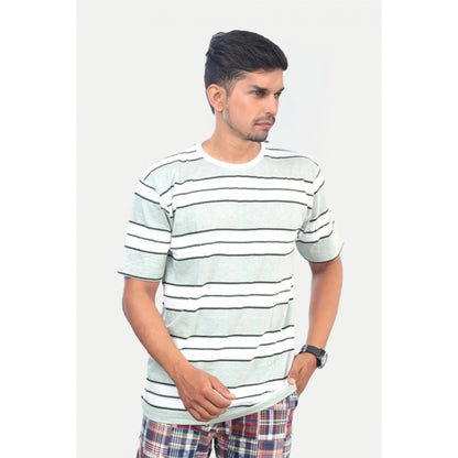 Roneclick Men's Casual Half sleeve Stripped Cotton Crew Neck T-shirt (White )