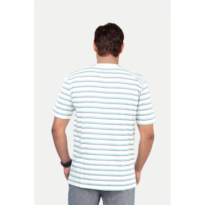 Roneclick Men's Casual Half sleeve Stripped Cotton Crew Neck T-shirt (White)