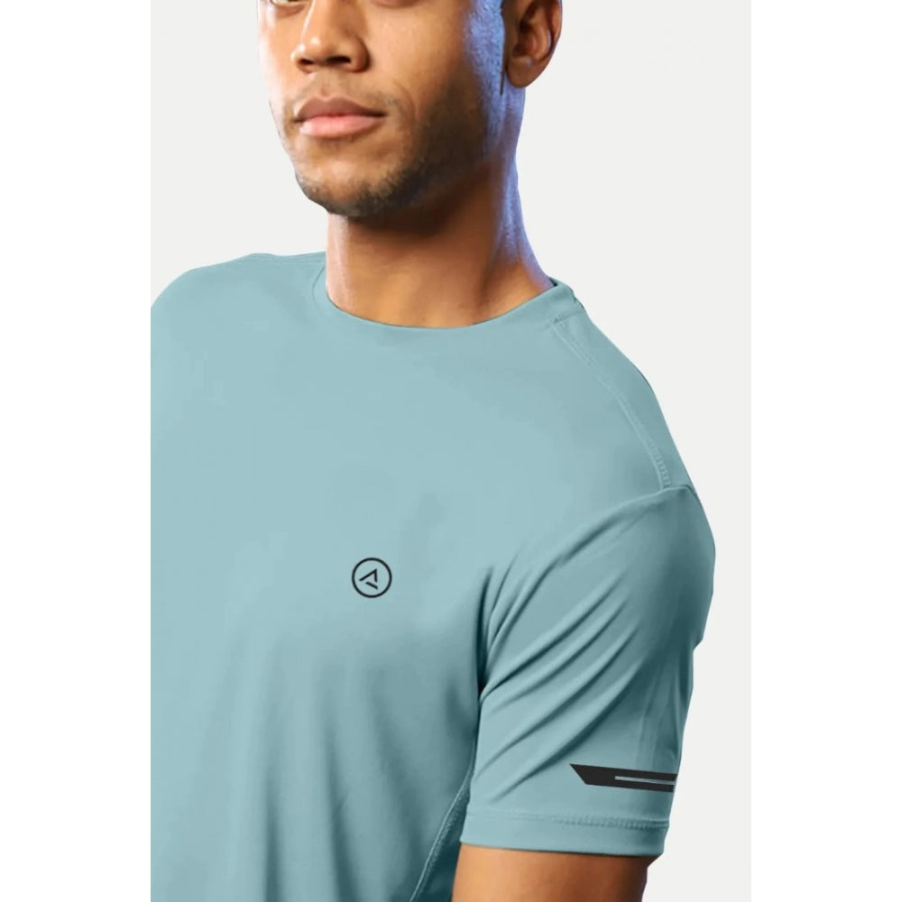 Roneclick Men's Casual Half sleeve Solid Polyester Crew Neck T-shirt (Turquoise Blue)