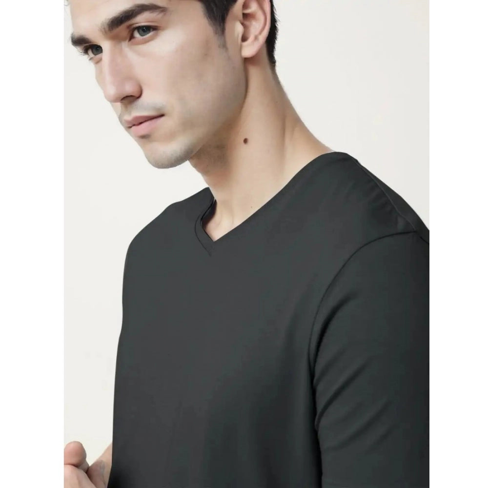 Roneclick Men's Casual Half sleeve Solid Cotton V Neck T-shirt (Black)