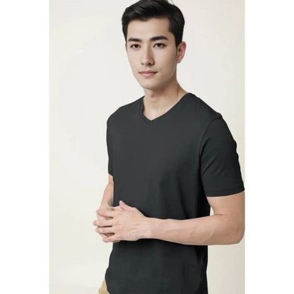 Roneclick Men's Casual Half sleeve Solid Cotton V Neck T-shirt (Black)