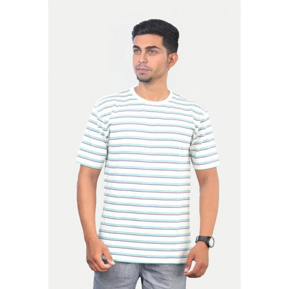 Roneclick Men's Casual Half sleeve Stripped Cotton Crew Neck T-shirt (White)