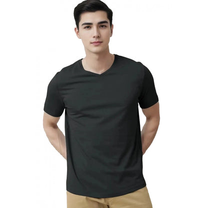 Roneclick Men's Casual Half sleeve Solid Cotton V Neck T-shirt (Black)