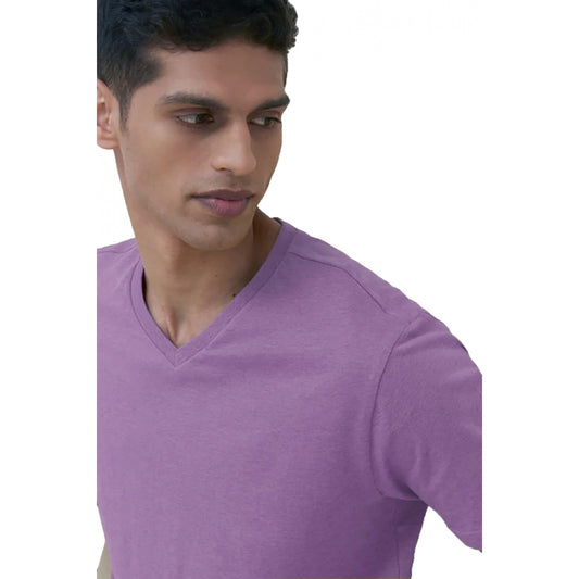 Roneclick Men's Casual Half sleeve Solid Cotton V Neck T-shirt (Lilac)