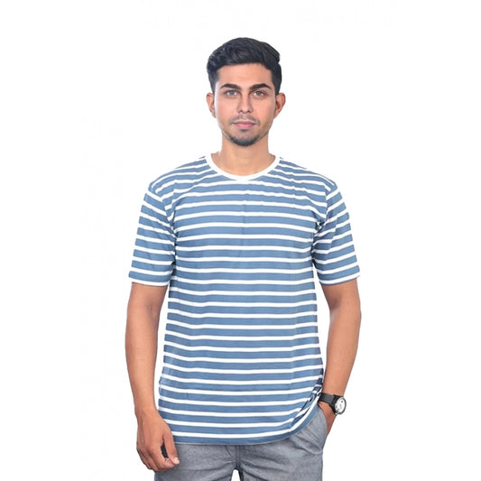 Roneclick Men's Casual Half sleeve Stripped Cotton Crew Neck T-shirt (Blue)