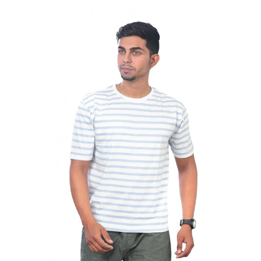 Roneclick Men's Casual Half sleeve Stripped Cotton Crew Neck T-shirt (White)